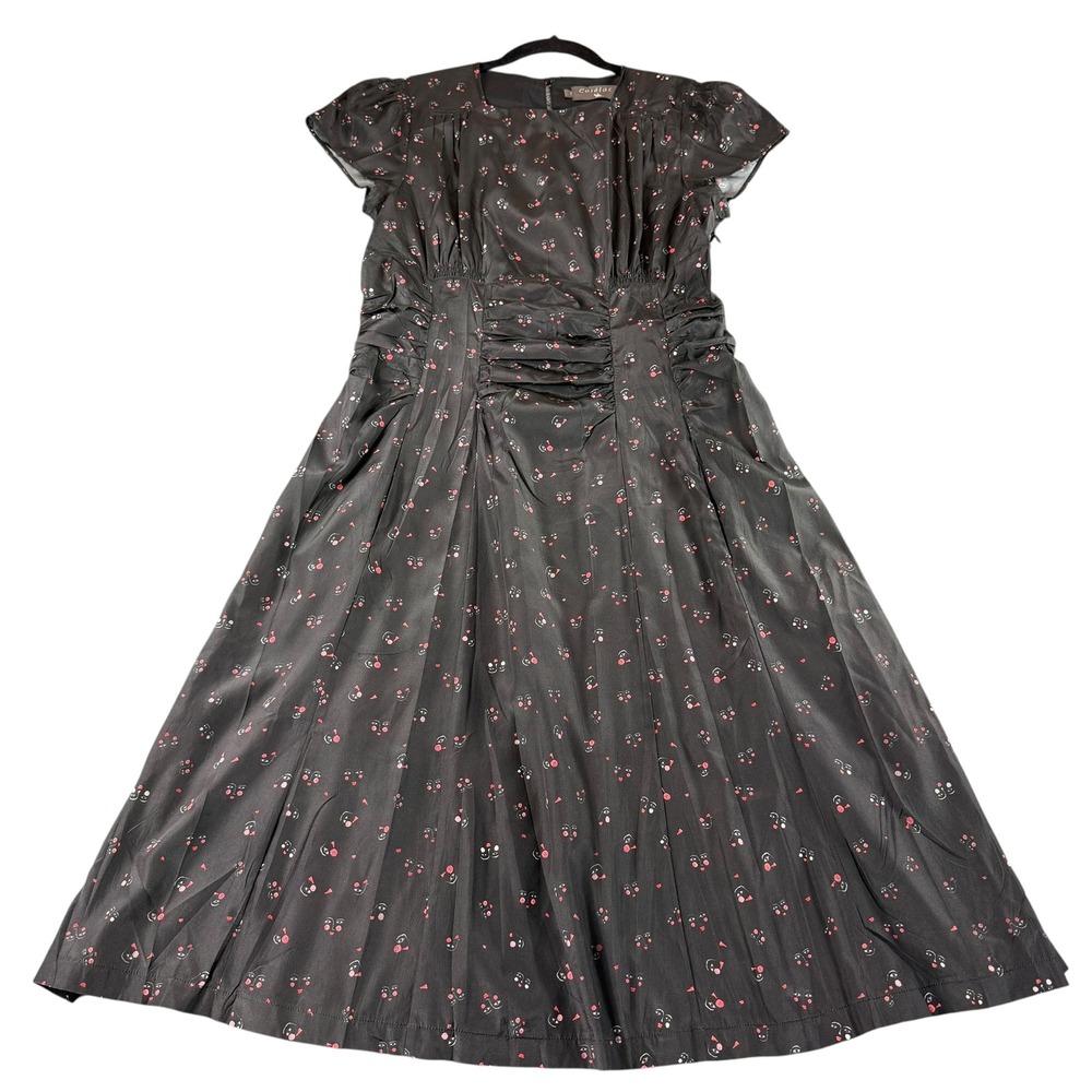 Cotélac Midi Dress Black Pink White Face Print Ruffle Accents‎ Cap Sleeve Party